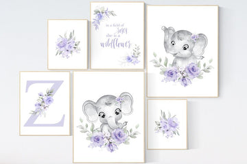 Nursery wall art purple, lavender nursery, floral nursery, elephant nursery print, nurser decor girl, lilac, girl nursery wall decor, name
