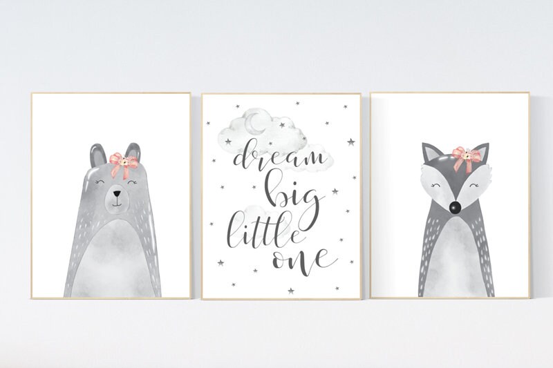 Nursery wall art gender neutral, gray nursery wall decor, woodland animals, neutral nursery, grey nursery, bear, fox, dream big little one