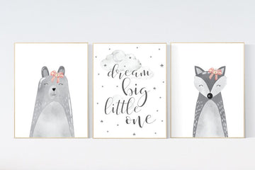 Nursery wall art gender neutral, gray nursery wall decor, woodland animals, neutral nursery, grey nursery, bear, fox, dream big little one