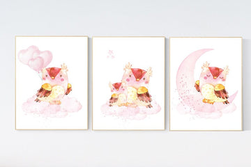 Nursery decor girl owl, nursery wall decor pink, owl nursery art, owl nursery wall art, owls nursery art, nursery wall art moon, animal