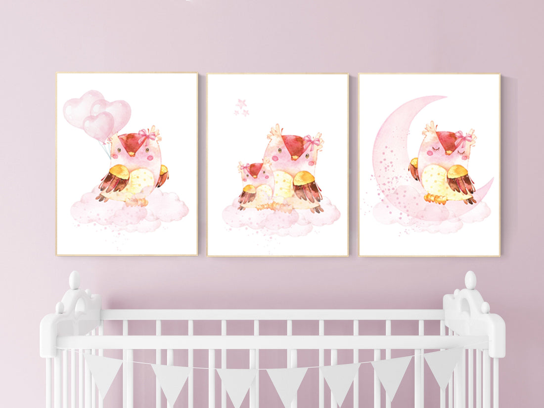 Nursery decor girl owl, nursery wall decor pink, owl nursery art, nursery wall art, owls nursery art, nursery wall art moon