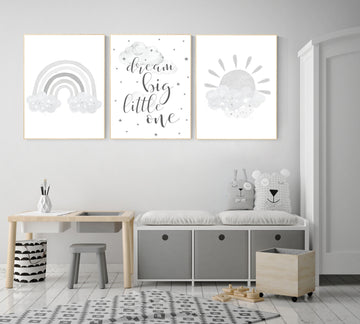 Nursery wall art gray and white, grey nursery, nursery decor neutral, baby room decor gender neutral cloud and stars, dream big little one