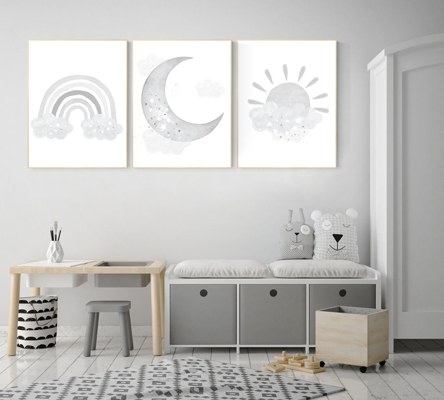 Nursery wall art grey, gray nursery, nursery decor neutral, baby room decor gender neutral, moon and stars, grey nursery decor baby room art