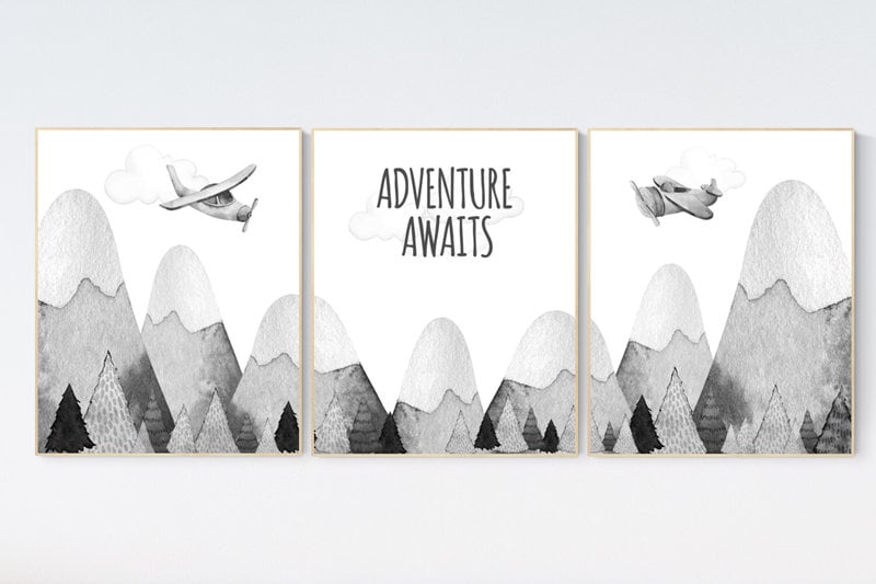 Nursery decor gender neutral, mountain nursery, gray nursery, adventure nursery, travel theme nursery, woodland, explore, hot air balloon