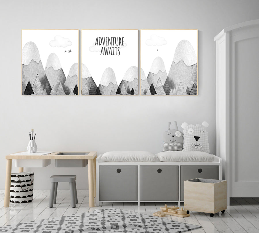 Nursery decor gender neutral, mountain nursery, gray nursery, adventure nursery, travel theme nursery, woodland, explore, hot air balloon