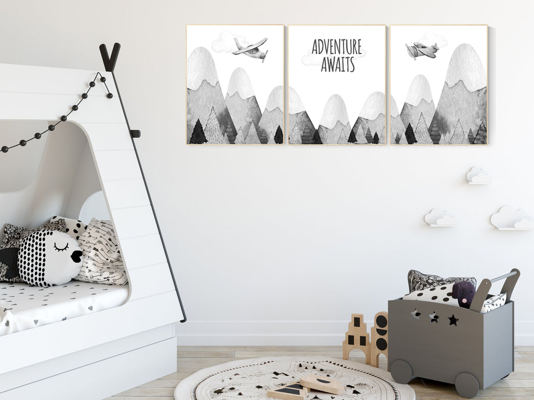 Nursery decor gender neutral, mountain nursery, gray nursery, adventure nursery, travel theme nursery, woodland, explore, hot air balloon