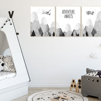 Nursery decor gender neutral, mountain nursery, gray nursery, adventure nursery, travel theme nursery, woodland, explore, hot air balloon
