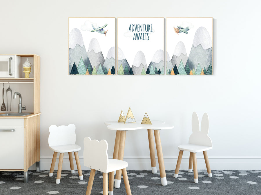Adventure Awaits Nursery Wall Art, Mountain & Airplane Prints, Woodland Travel Theme, Baby Boy Room Decor, adventure theme nursery decor