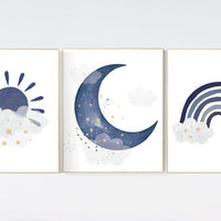 Navy nursery decor, boy nursery wall decor, rainbow nursery, cloud and stars, moon and stars, navy blue, gold nursery, nursery prints boy