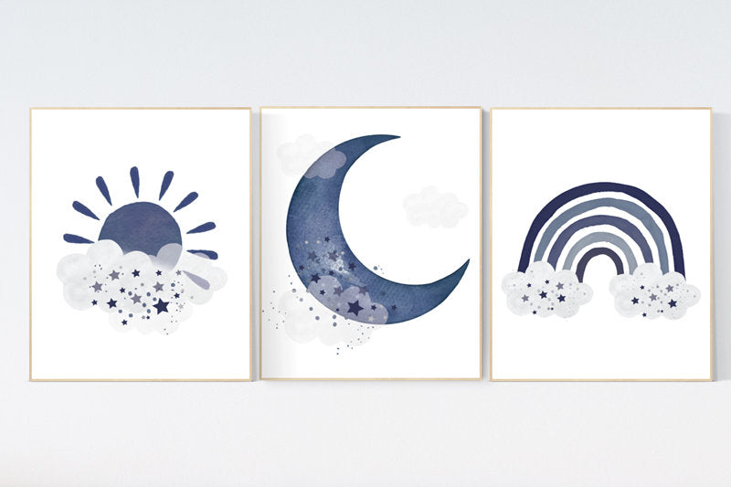 Navy nursery decor, boy nursery wall decor, rainbow nursery, cloud and stars, moon and stars, navy blue nursery, nursery prints boy