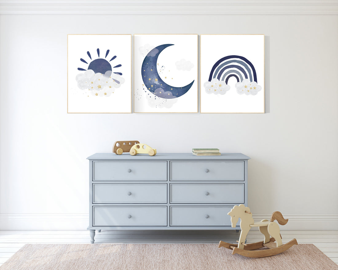 Navy nursery decor, boy nursery wall decor, rainbow nursery, cloud and stars, moon and stars, navy blue, gold nursery, nursery prints boy