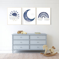 Navy nursery decor, boy nursery wall decor, rainbow nursery, cloud and stars, moon and stars, navy blue, gold nursery, nursery prints boy