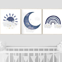 Navy nursery decor, boy nursery wall decor, rainbow nursery, cloud and stars, moon and stars, navy blue, gold nursery, nursery prints boy