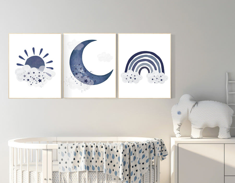 Navy nursery decor, boy nursery wall decor, rainbow nursery, cloud and stars, moon and stars, navy blue nursery, nursery prints boy