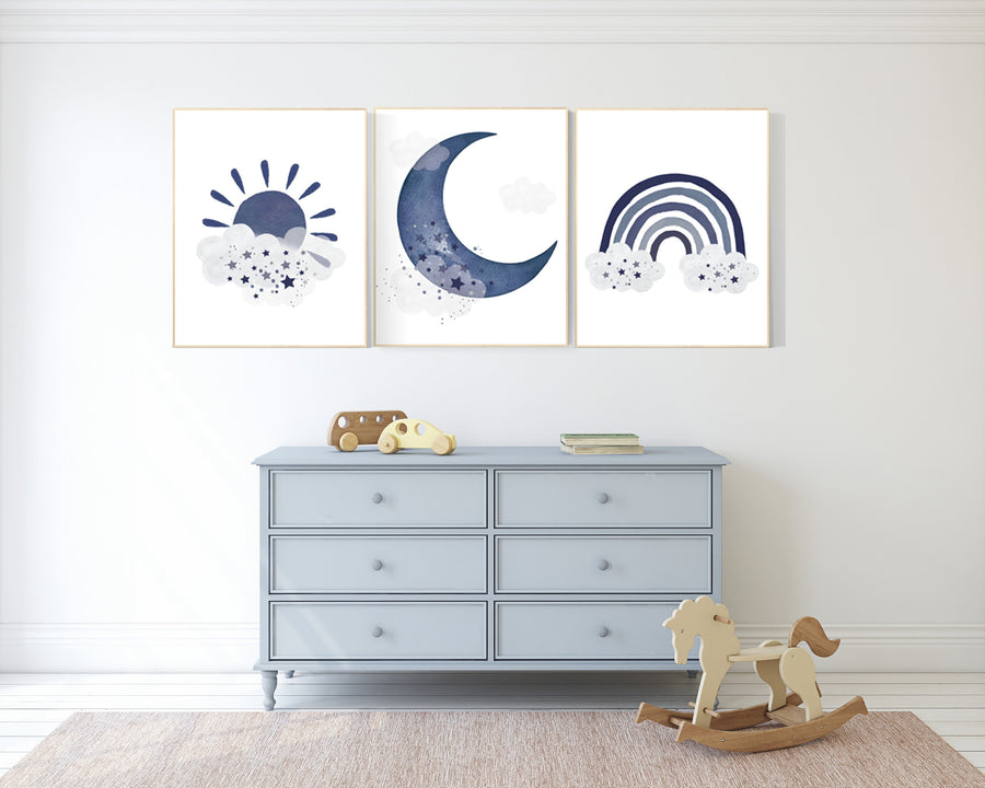 Navy nursery decor, boy nursery wall decor, rainbow nursery, cloud and stars, moon and stars, navy blue nursery, nursery prints boy