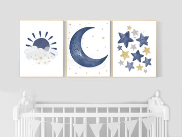 Navy nursery decor, cloud and stars, moon and stars, navy gold nursery art. baby room wall art, boy nursery decor, set of 3, nursery art