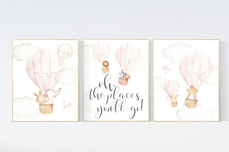 Nursery decor girl blush pink, nursery wall art hot air balloon, animal prints, nursery wall decor woodland animals, girl nursery ideas