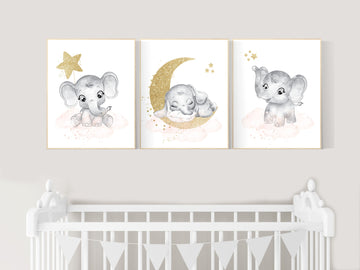 Nursery wall art girl elephant, Nursery decor girl blush pink, blush gold, girl nursery ideas, elephant prints, girl room wall decor ideas
