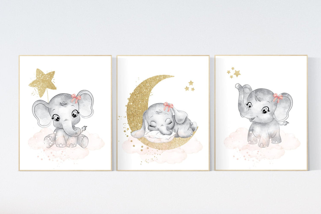 Nursery wall art girl elephant, Blush pink nursery decor, blush gold nursery, nursery decor elephant, blush nursery, girl nursery wall decor
