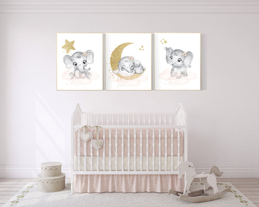 Nursery wall art girl elephant, Blush pink, flower nursery decor, blush gold nursery, nursery decor elephant, blush nursery, floral nursery