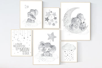 Nursery wall art gray, grey nursery, gender neutral, cloud and stars, we love you to the moon and back, elephant nursery set, neutral colors