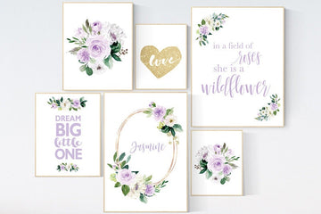 Nursery decor purple, Nursery decor girl purple gold, in a field of roses she is a wildflower, lavender nursery, lilac nursery, girls room