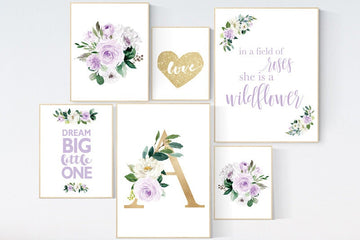 Nursery decor purple, Nursery decor girl name, purple gold, in a field of roses she is a wildflower, lavender nursery, lilac nursery prints