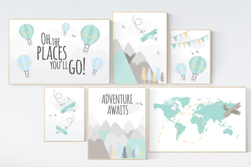 Adventure nursery decor, nursery decor airplane, world map, adventure awaits, teal, yellow, gray, grey, blue travel theme, gender neutral