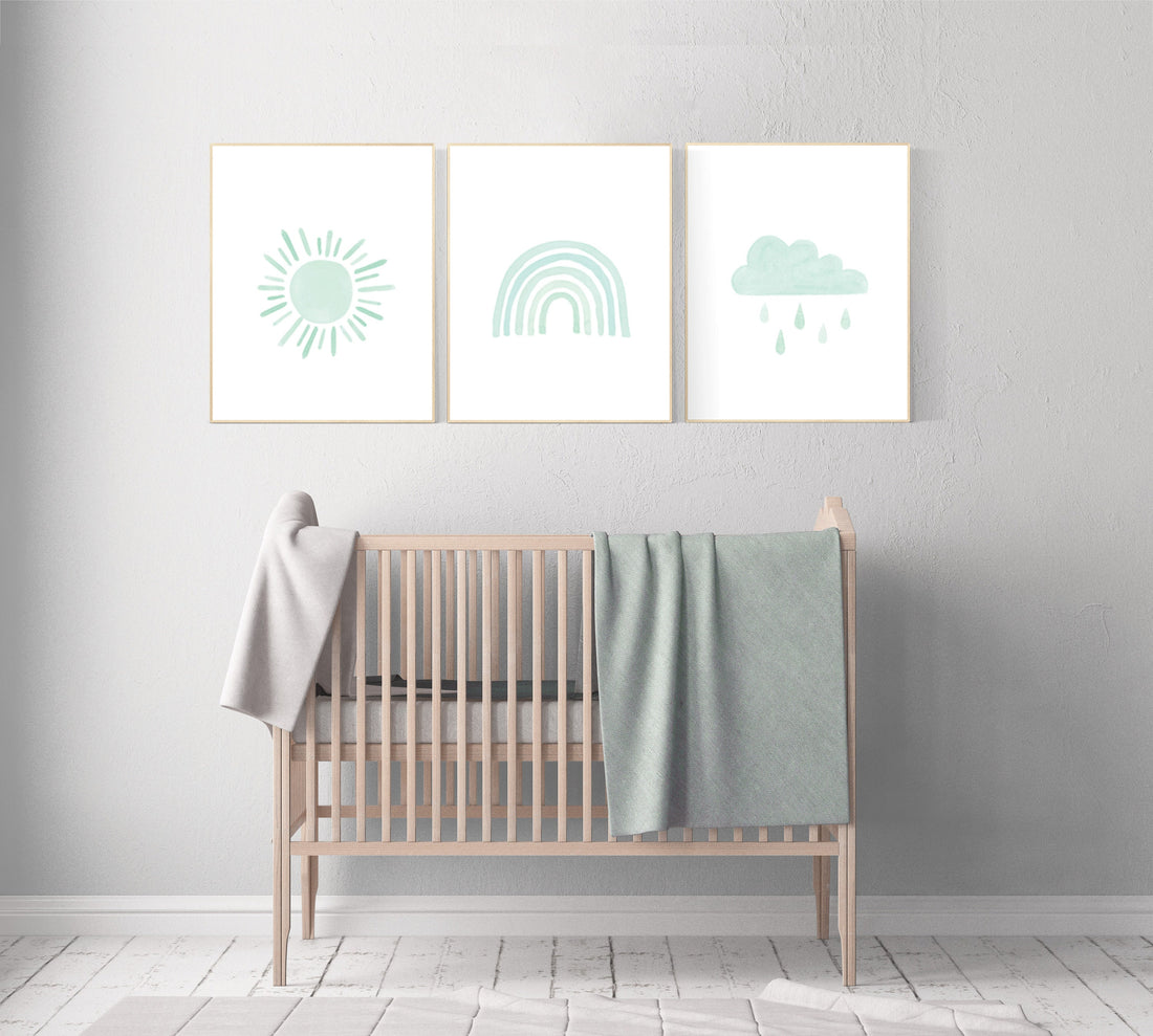 Nursery prints rainbow, gender neutral, mint nursery wall decor, rainbow, moon, cloud, nursery wall art, nursery decor neutral, mint green