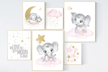 Girl nursery wall art elephant, pink gold nursery art, elephant nursery decor girl, elephant nursery print, girl nursery ideas, room decor