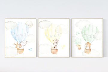 Nursery decor animals, hot air balloon, elephant giraffe, bear, gender neutral, nursery decor twins, animal nursery, neutral, unisex