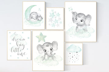 Nursery decor mint, gender neutral nursery, elephant nursery,  mint green, dream big little one, nursery wall decor, twin nursery, unisex