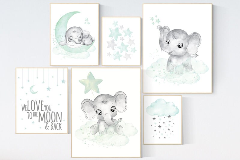 Nursery decor mint, gender neutral nursery, elephant nursery, we love you to the moon and back, nursery wall decor, twin nursery, unisex