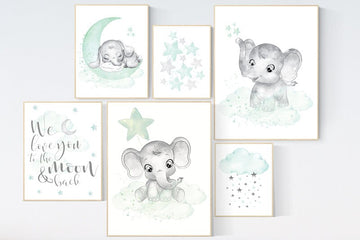 Nursery decor mint, gender neutral nursery, elephant nursery, we love you to the moon and back, nursery wall decor, twin nursery, unisex