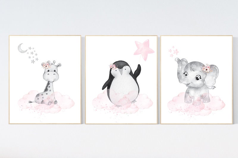 Animal nursery, nursery decor girl pink gray, nursery decor girl woodland animals, penguin, elephant, giraffe, baby girl nursery prints