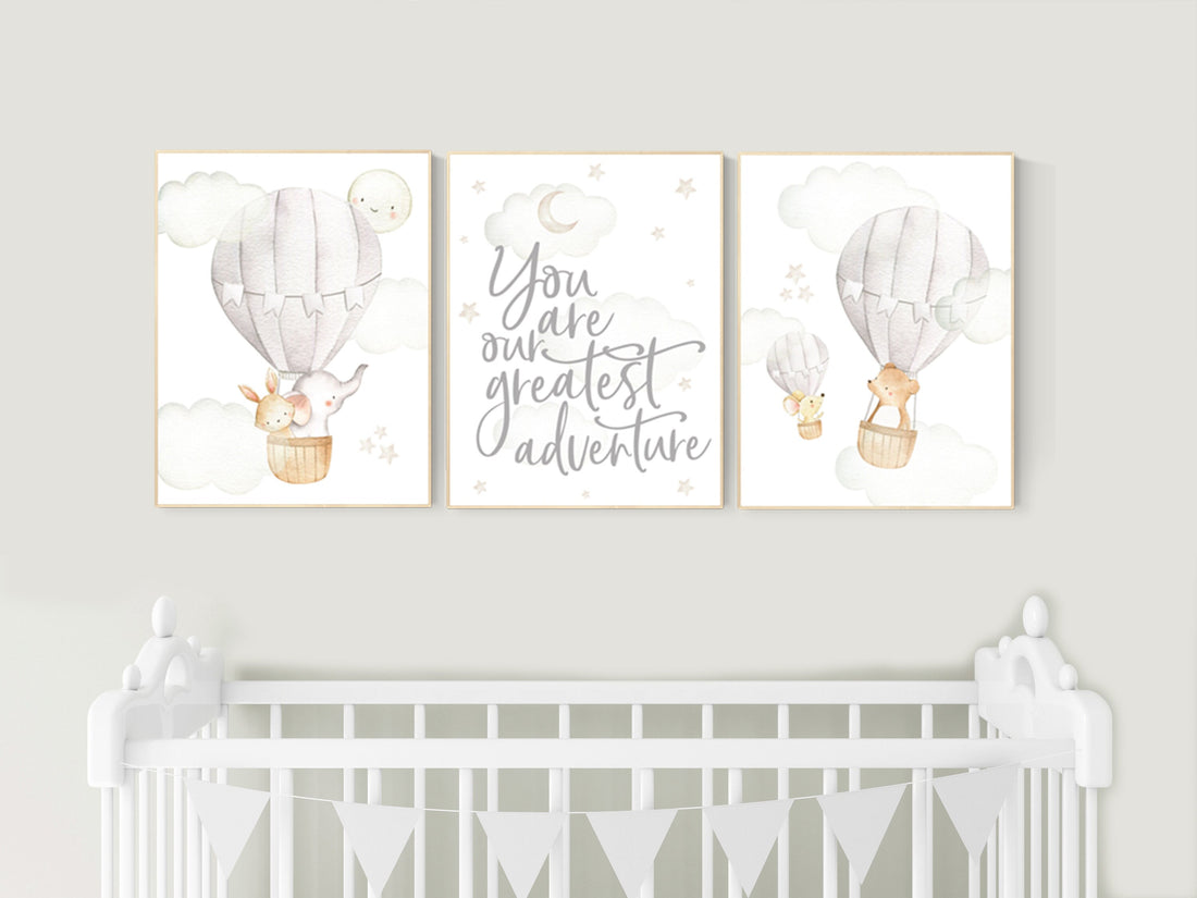 Nursery decor gender neutral, hot air balloon, elephant nursery, woodland animals, baby room decor, animal nursery, hot air balloons