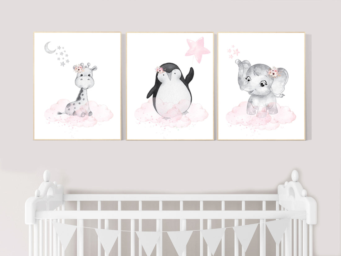 Animal nursery, nursery decor girl pink gray, nursery decor girl woodland animals, penguin, elephant, giraffe, baby girl nursery prints