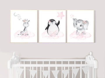 Animal nursery, nursery decor girl pink gray, nursery decor girl woodland animals, penguin, elephant, giraffe, baby girl nursery prints