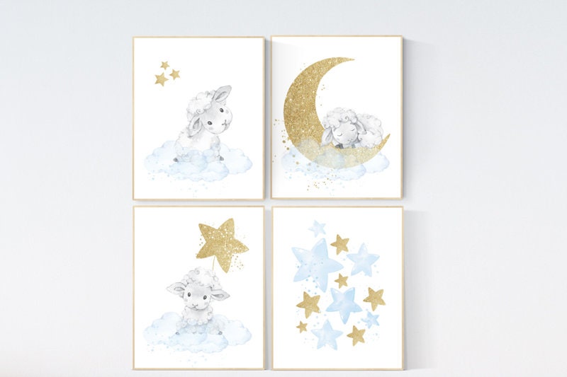 Sheep nursery decor, nursery decor boy, blue and gold, blue gold nursery decor, nursery decor lambs, nursery wall art sheep, moon and cloud