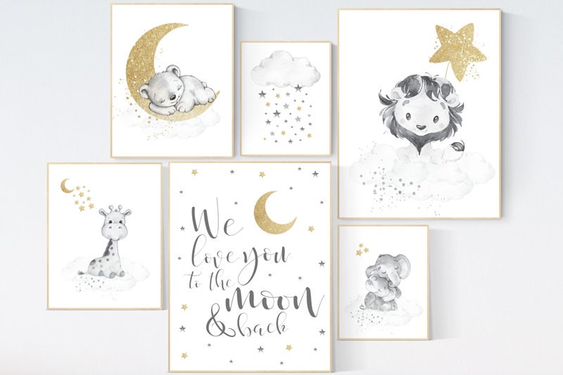 Nursery wall art gender neutral, grey gold, animal nursery, giraffe, bear, lion, elephant, we love you to the moon and back, animal prints