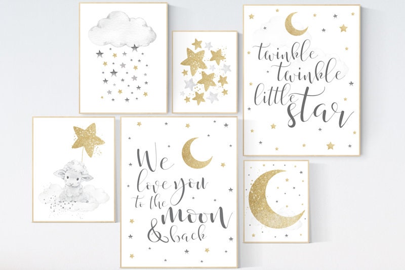Nursery wall art gender neutral, grey gold, sheep, we love you to the moon and back, moon, cloud, stars, gray gold, nursery wall decor