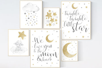 Nursery wall art gender neutral, grey gold, sheep, we love you to the moon and back, moon, cloud, stars, gray gold, nursery wall decor