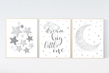 Nursery wall art grey, gray nursery, nursery decor neutral, baby room decor gender neutral, moon and stars, grey nursery decor baby room art