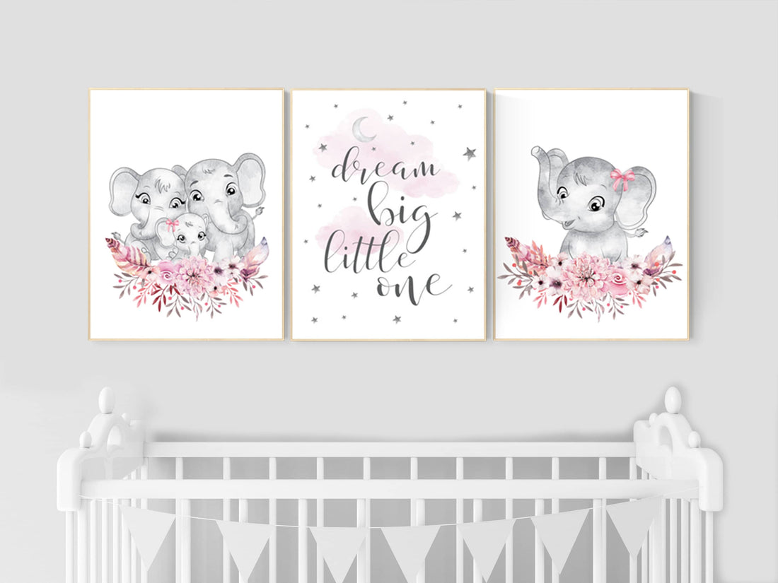 Nursery decor girl boho, elephant nursery wall art, nursery decor girl floral, nursery decor girl woodland, flower nursery, boho nursery