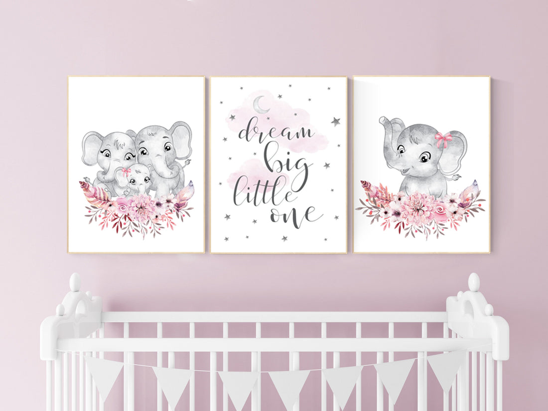 Nursery decor girl boho, elephant nursery wall art, nursery decor girl floral, nursery decor girl woodland, flower nursery, boho nursery