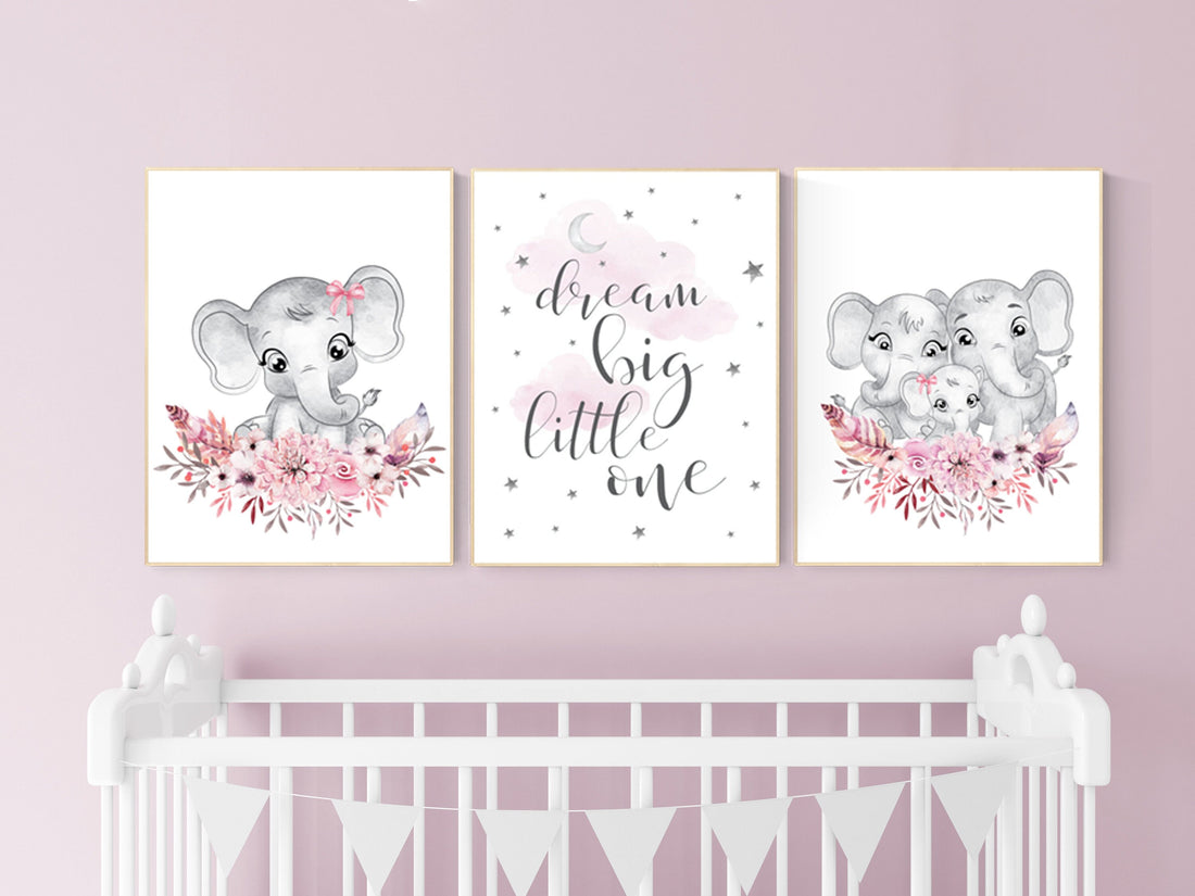 Nursery decor girl boho, elephant nursery wall art, nursery decor girl floral, nursery decor girl woodland, flower nursery, boho nursery