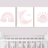 Nursery prints rainbow, Nursery decor girl, nursery wall art, pink nursery, moon, cloud, sun, nursery wall art, pink, nursery wall decor