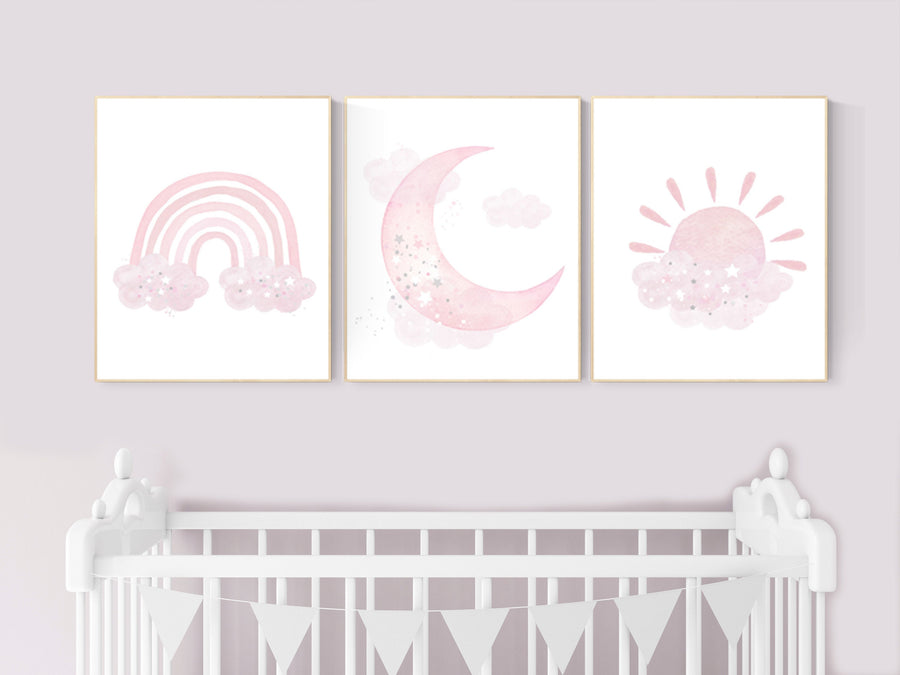 Nursery prints rainbow, Nursery decor girl, nursery wall art, pink nursery, moon, cloud, sun, nursery wall art, pink, nursery wall decor