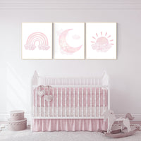 Nursery prints rainbow, Nursery decor girl, nursery wall art, pink nursery, moon, cloud, sun, nursery wall art, pink, nursery wall decor