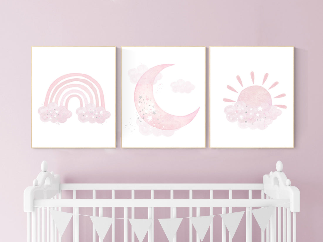 Nursery prints rainbow, Nursery decor girl, nursery wall art, pink nursery, moon, cloud, sun, nursery wall art, pink, nursery wall decor